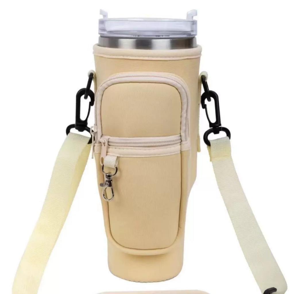 Water Bottle Carrier Bag with Phone Pocket for Stanley 40 & 30 Oz Tumbler with Handle,Pink Insulated Neoprene Cup Holder Pouch