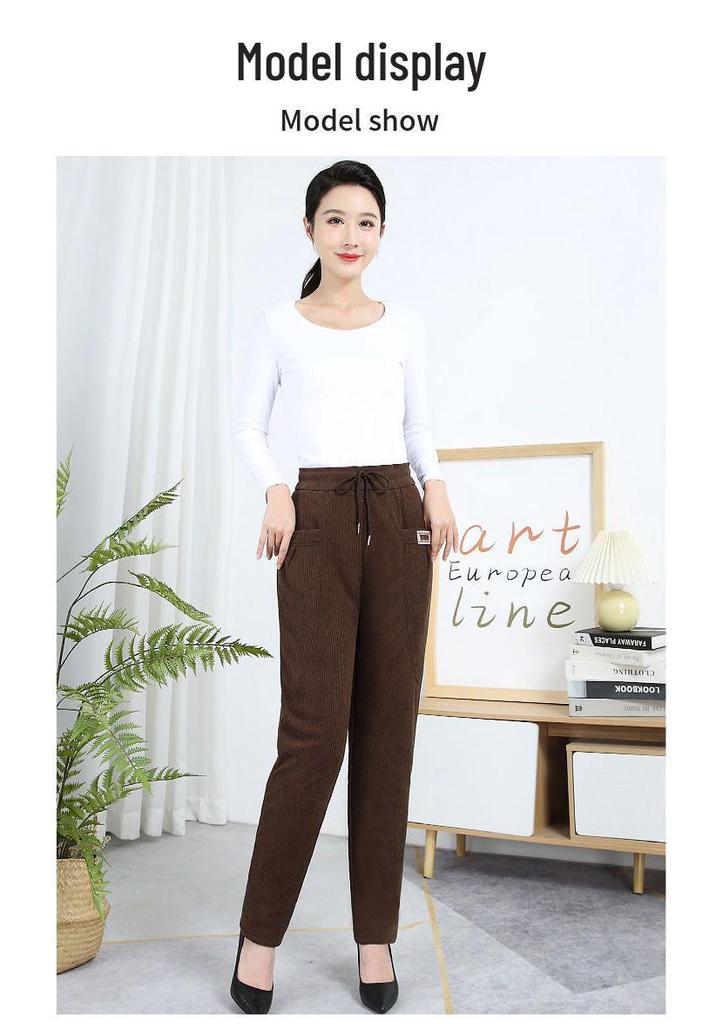 Corduroy Women's Plus Size Cotton Pants for Winter/Autumn, Thickened with Velvet, Ideal for Middle-Aged and Elderly.