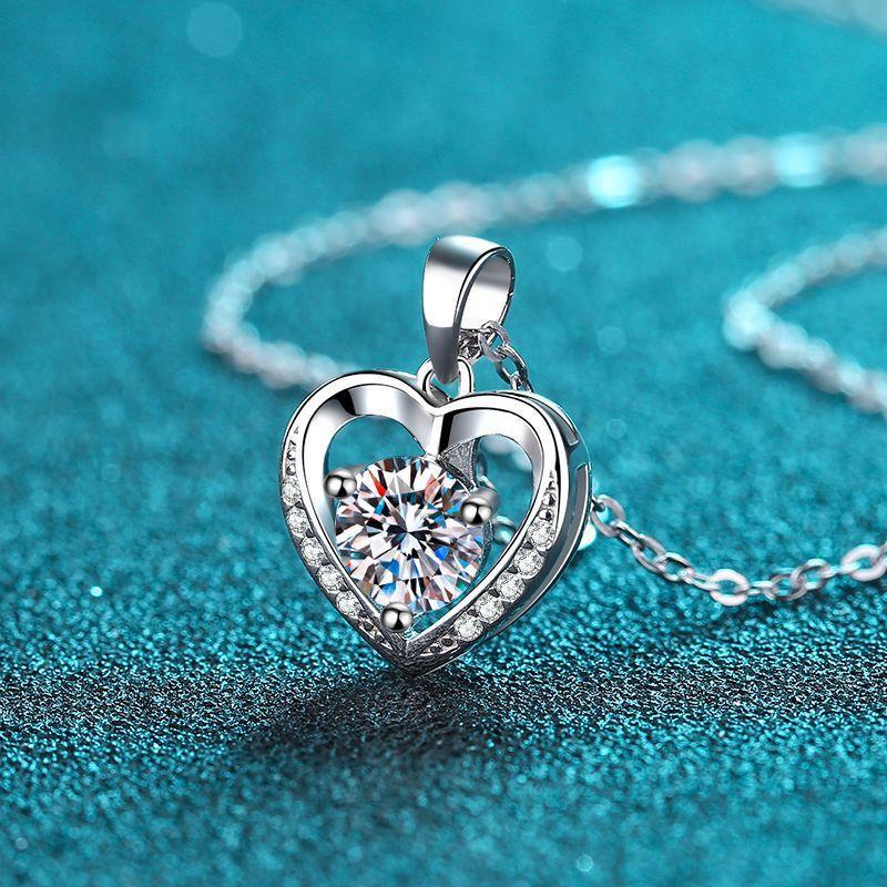 Sterling Heart Pendant Necklace With Moissanite Stone Minimalist Chic Jewelry Women Adjustable Chain 21-50cm
