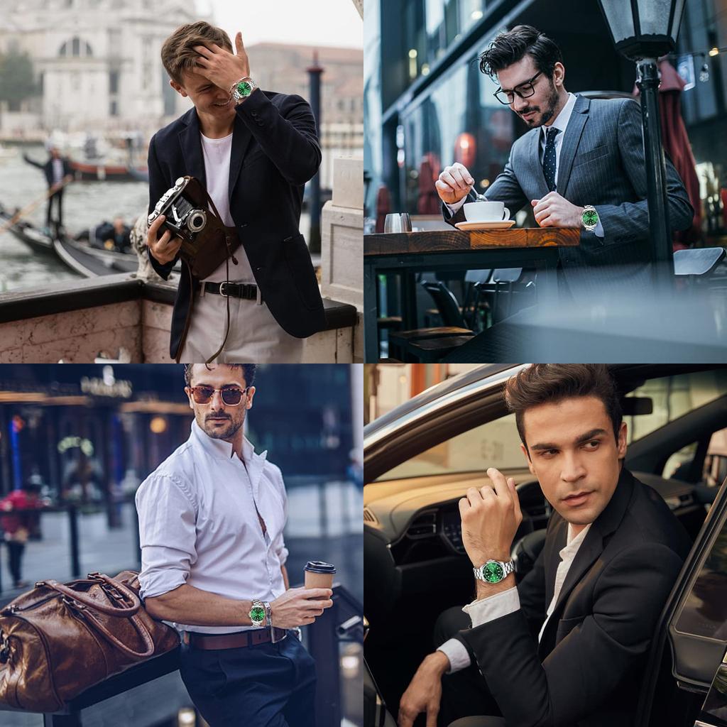 AKNIGHT Analog Watch with Unidirectional Rotating Stylish Crystal Luminous Stainless Steel 30m Water Luminous Date Japanese Instruction Manual Men's