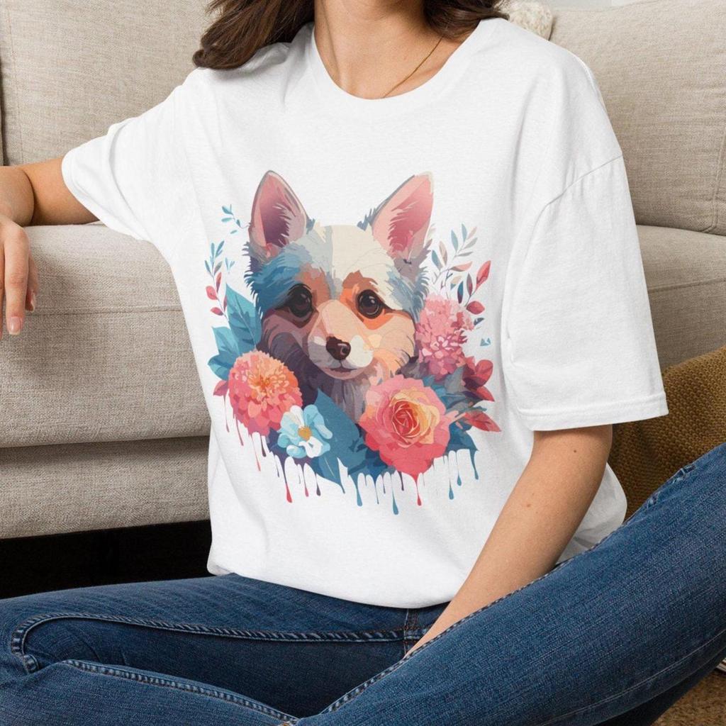 Watercolor Corgi Portrait T-Shirt | Floral Dog Animal Tee Gift for her Mom Grandma Family Friend Sister Crew Team Party Aunt