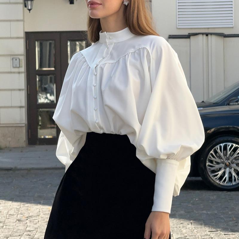White Casual Loose Puff Sleeve Stand Collar Vintage Commuter Shirt