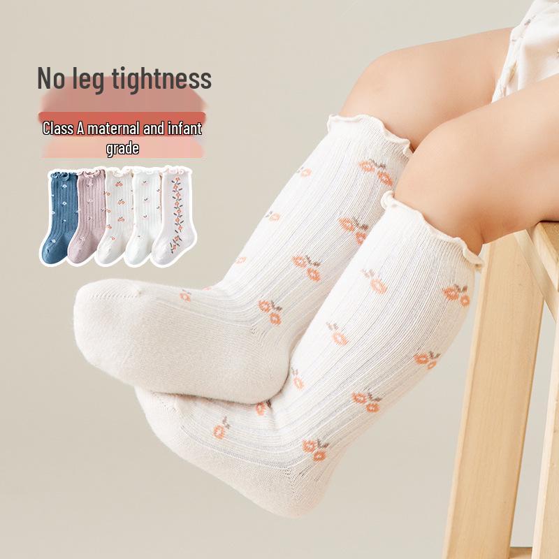 Children's Mid-Calf Combed Cotton Socks with Floral Wood Ear Trim for Spring & Autumn