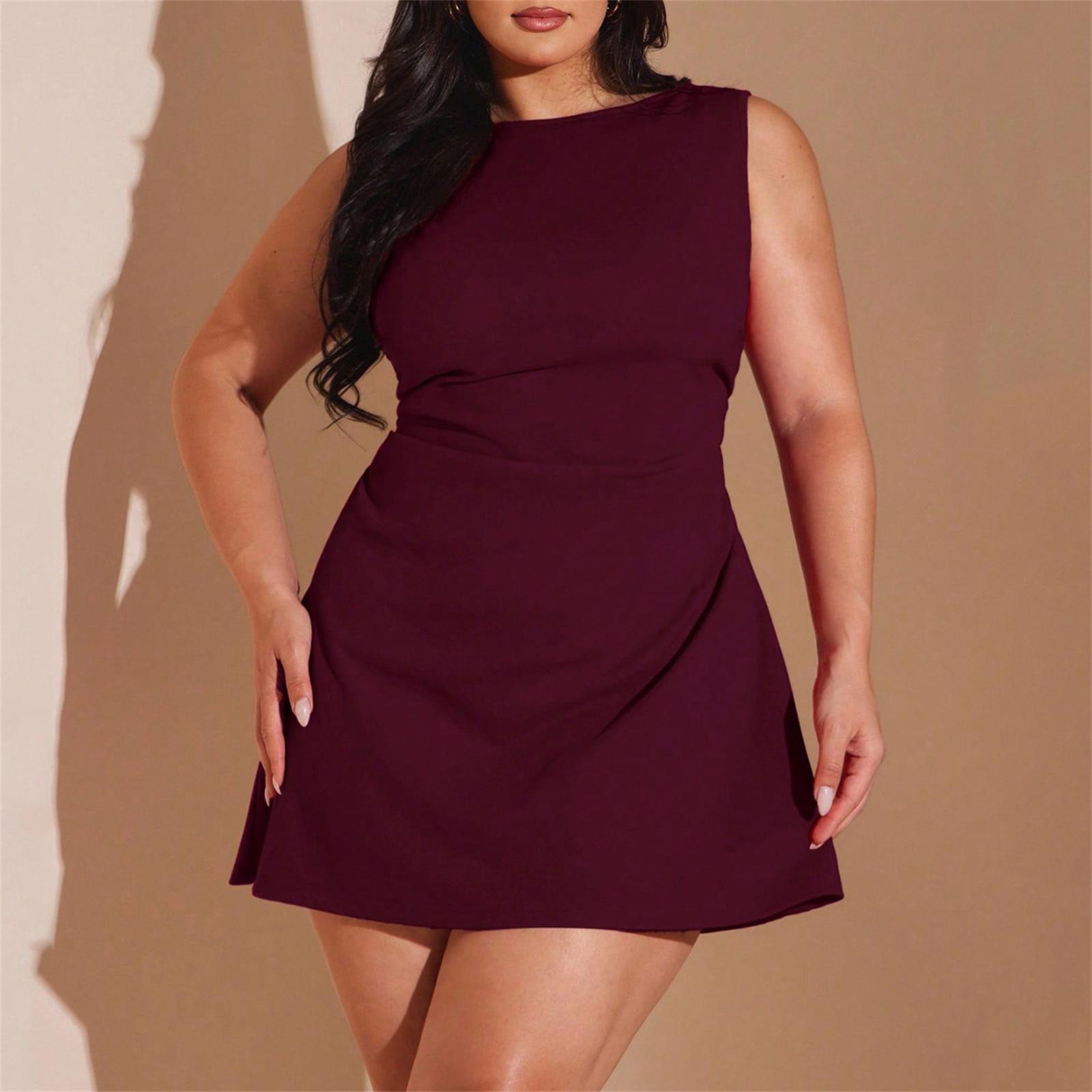 Women s Casual Loose Sleeveless Short Dress With Back Zipper XXXXL винный