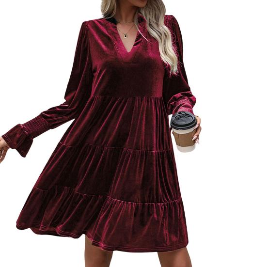 Spring Fall Women Dress Golden Velvet V Neck Pleated Patchwork Long Sleeves A-line Solid Color Knee Length Dating Shopping Midi Dress