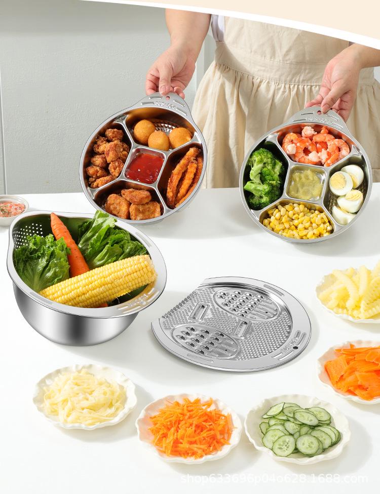 304 Food Grade Stainless Steel Multi-Purpose Basin for Rice, Vegetables & Fruits with Punching Sieve and Slanted Bottom
