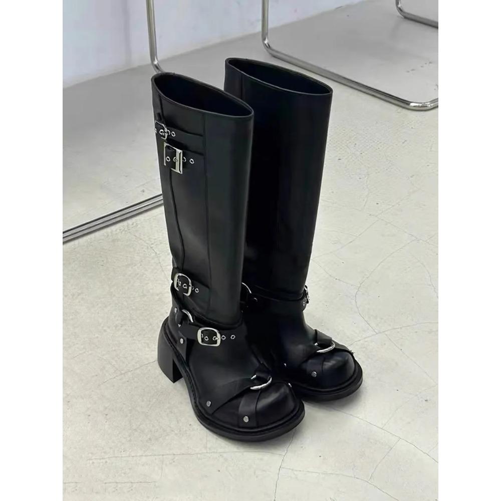 Casual Woman Knee-High Boots Fashion High Quality Leather Square Heel Knight Booties  Trend Women's Long Boots