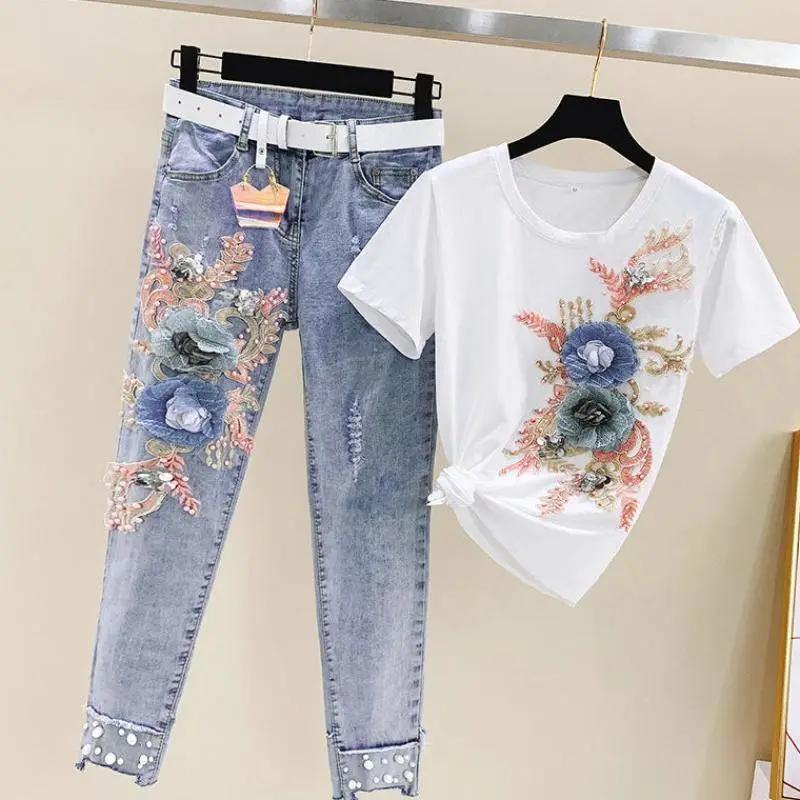 Women's Summer Personalized Set Design Embroidery Short Sleeve T-Shirt + Small Feet Hole Breaking Jeans Two Piece Set