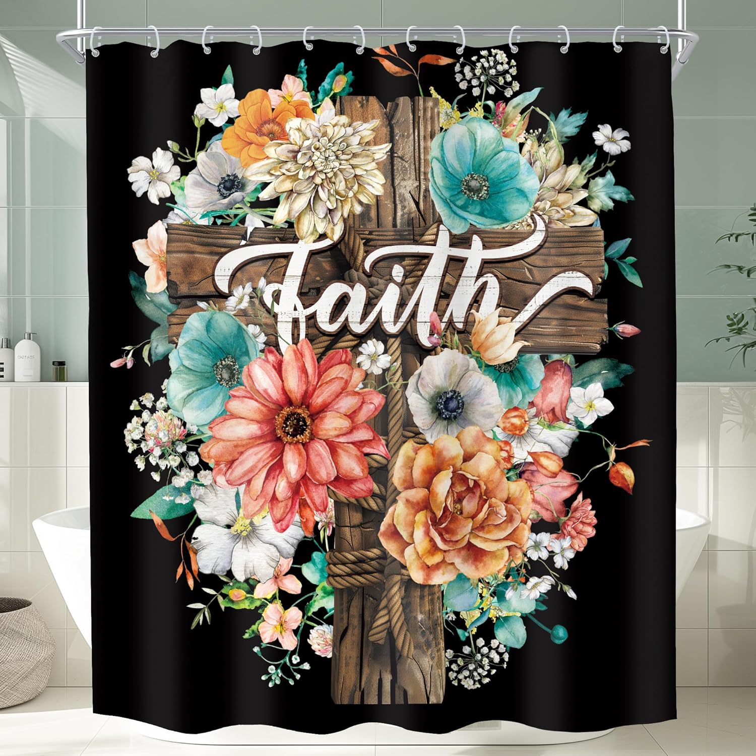 

Floral Christian Shower Curtain For Bathroom Decor Flower Bible Verse Quotes Rustic Farmhouse Cross Scripture Retro Wooden Peony W60H190(CM)-1 Pcs