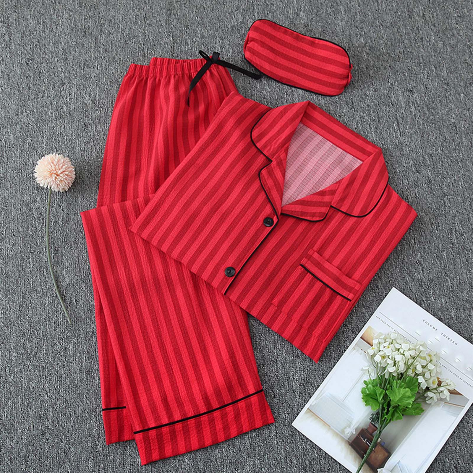 

Женский пижамный комплект с длинным рукавом, пижама на пуговицах, комплект из двух предметов, полосатая пижама, повседневный комплект с глазом, сексуальная женская ночная рубашка XXL красный