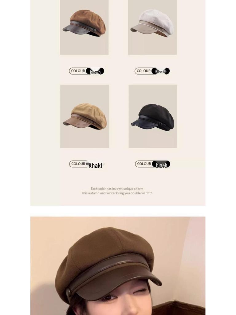 Novo Boina Octogonal Feminina 2025 – Preto, Ajuste para Cabeça Grande, Tendência Artística Outono/Inverno, Estilo Pintor de Rosto Pequeno