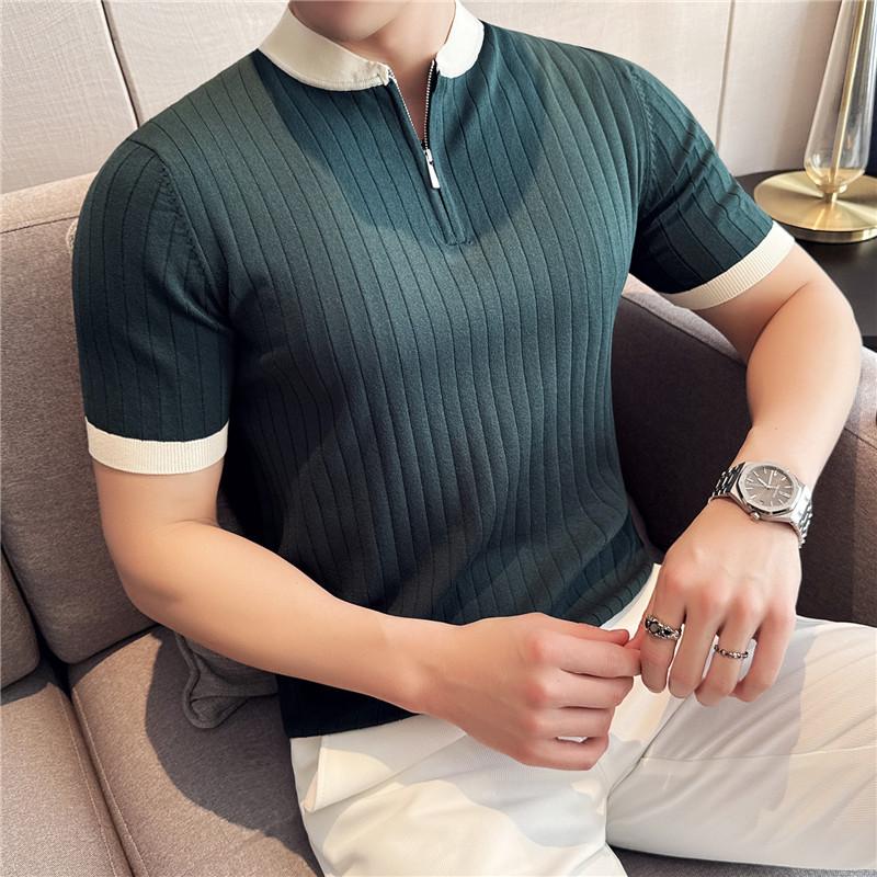 

Летние трикотажные рубашки поло из дышащего тонкого шелка с коротким рукавом, мужские повседневные облегающие рубашки поло со стоячим воротником 3XL темно-зеленого