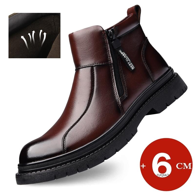 Herren Kuhleder Höhensteigernde Stiefel 6CM Seitenreißverschluss Hoher Schaft Winter Aufzugsschuhe Warme Wolle Fleece Gefüttert Knöchelhohe Stiefel für Herren