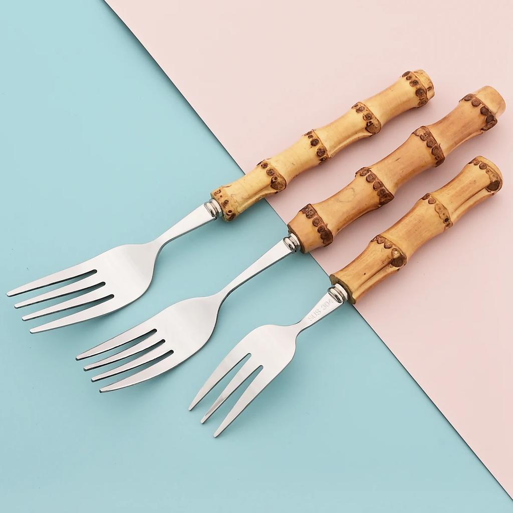 20Pcs Mirror Stainless Steel Cutlery Set Wood Bamboo Root Handle Dinnerware Knife Spoon Cake Fork Tableware Kitchen Silverware