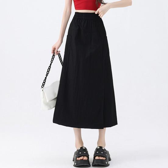 Women Cargo Pants Elastic High Waist Wide-Leg Skirt Pants with Pockets Solid Color Summer Thin Leisure Trousers