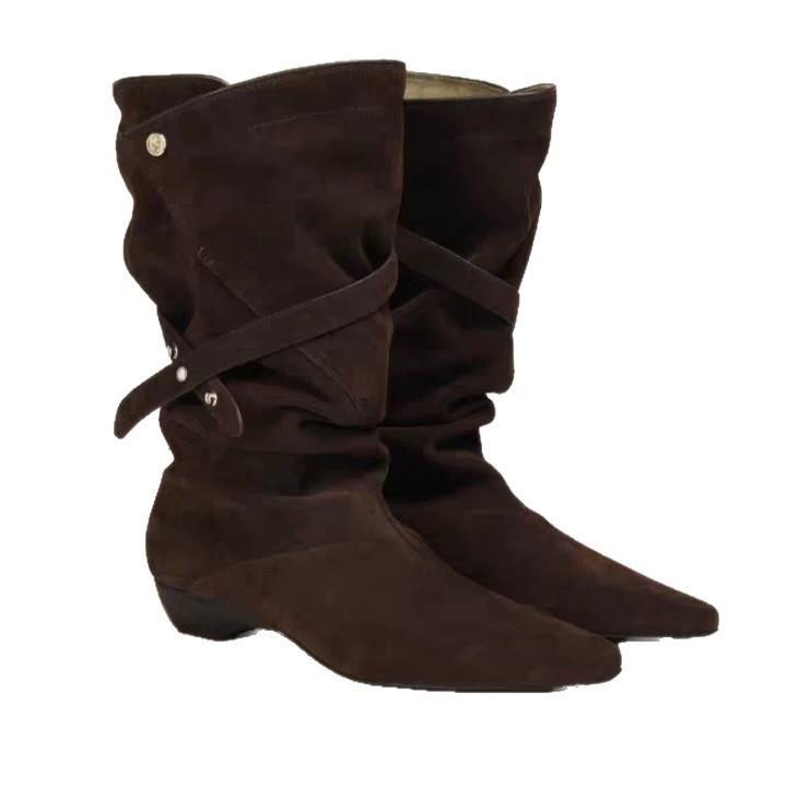Schafleder~ Echtes Leder Retro Nischendesign gestapelte kurze Stiefel für Damen, V-Schnalle mit spitzen Western-Cowboystiefeln