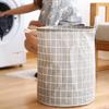 Spacious Grid Pattern Cotton Linen Foldable Laundry Basket for Home Storage of Dirty Clothes Toy and Household Items