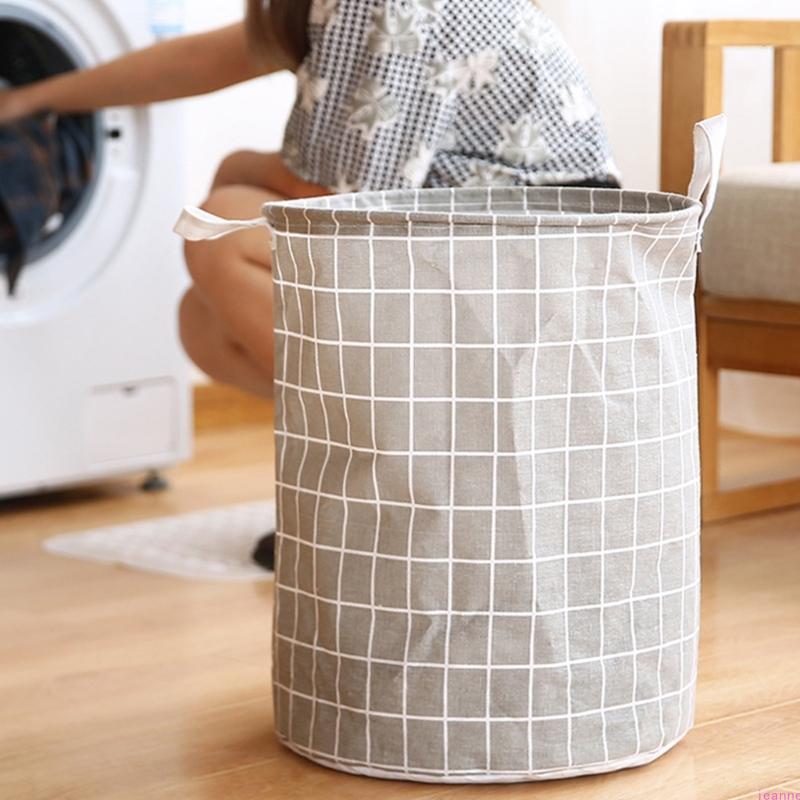 Spacious Grid Pattern Cotton Linen Foldable Laundry Basket for Home Storage of Dirty Clothes Toy and Household Items