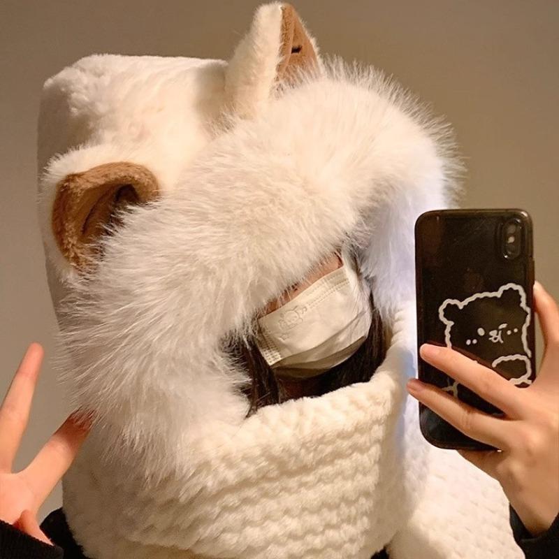 Cute Fox Ears Plush Hat Scarf Integrated Women's Winter Warmth and Cold Protection Ear Protection Thickened Gloves Three-piece Set