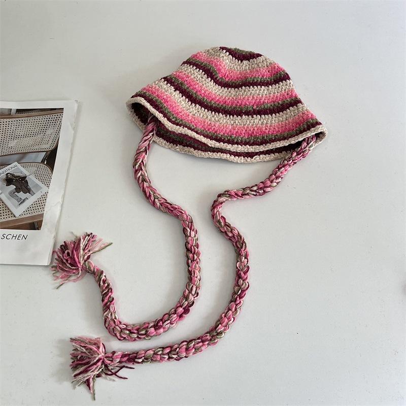 

Autumn and winter rainbow hat handmade crochet contrasting basin hat bucket hat striped knitted hat fringed ear protector fisherman M（56-58cm） розовый