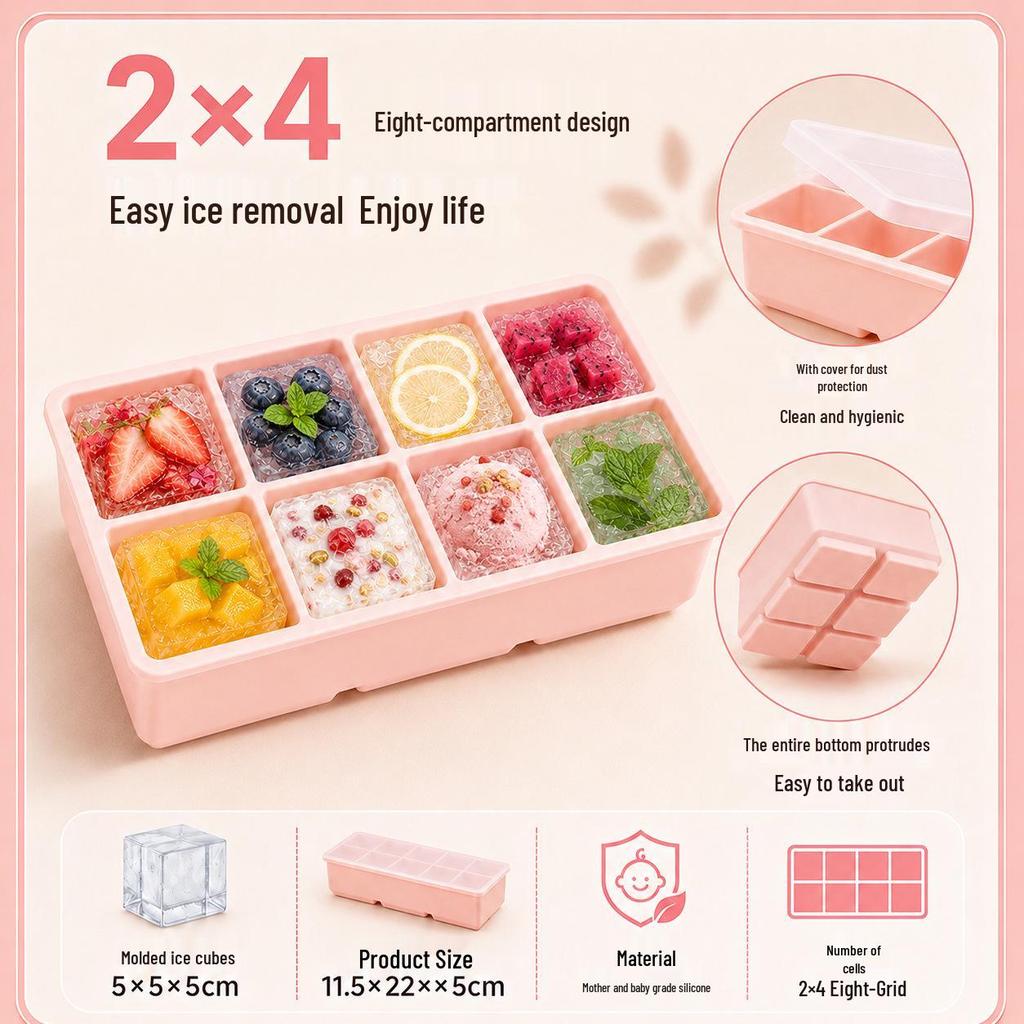Square Ice Cube Tray with Lid - Large Silicone Mold for Home Use