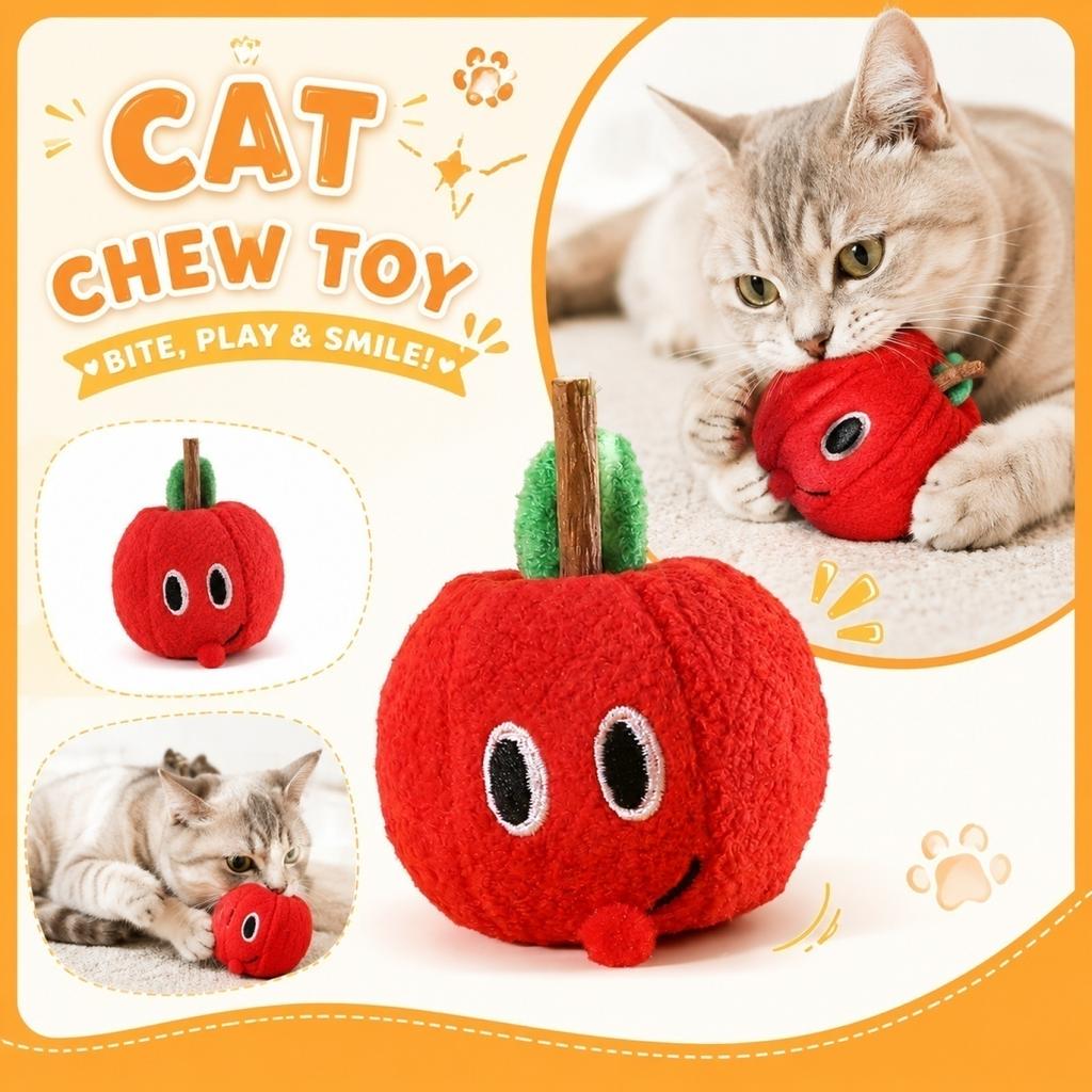 Durable Cat Chew Toy Soft Plush Apple Shape Catnip Filled Interactive Cat Toy for Independent Play and Dental Health Maintenance