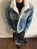 Unisex Distressed Lambswool Denim Jacket with Plaid Lining - Warm for Winter