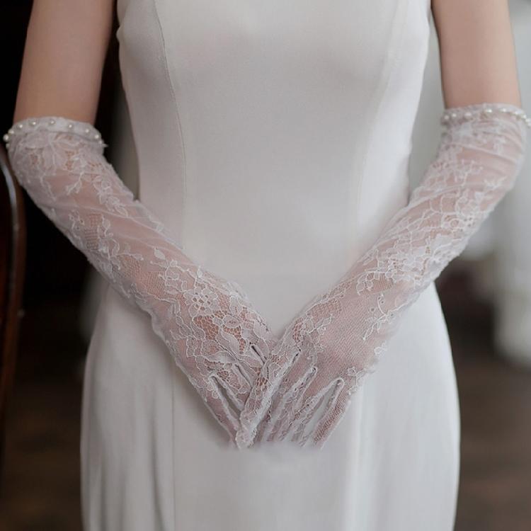 Stylish Lace and Pearls Long Gloves Designed For Ladies Music Festival Outfit Wedding Gown Accessories