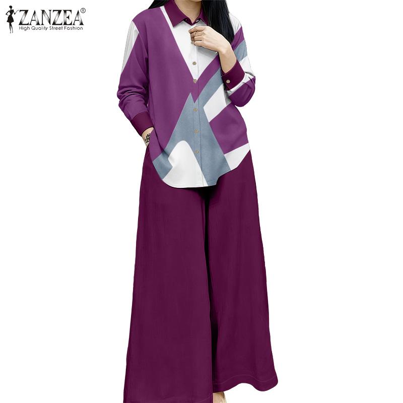 ZANZEA Women Long Sleeve Print Blouse and Pants Casual Two Piece Suit Sets