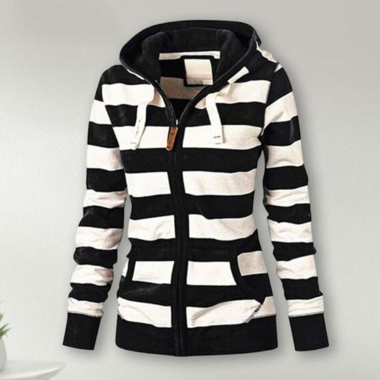 Winter Fashion Women Hoodie Coat Striped Print Long Sleeves Drawstring Pockets Zipper Closure Sweatshirt Jacket Autumn Winter