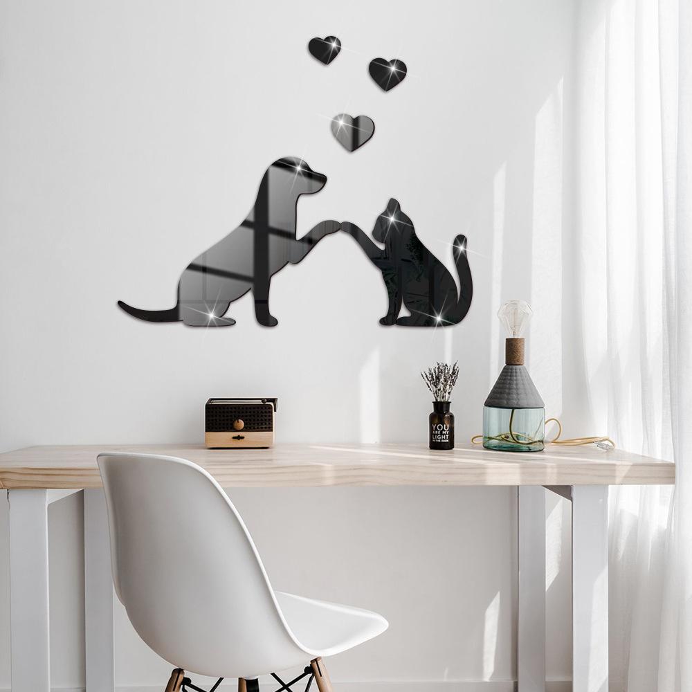 DIY Love Cat Dog Acrylic Mirror Wall Sticker Cartoon Paste Self-adhesive Living Room Bedroom Bathroom Decoration Wall Decor