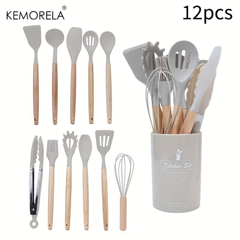 

12PCS Silicone Kitchen Utensil Set with Wooden Handles Include Spatula, Spoon, Whisk, Whisking Pad, Heat Resistant, Durable