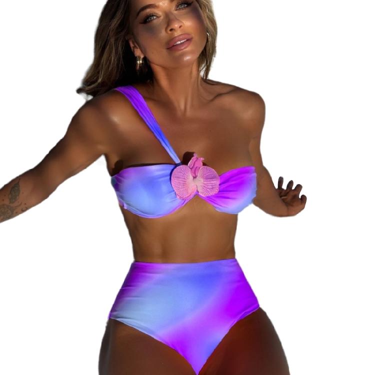 

Floral Detail High Waist Tankini Set Gradient Print Swimsuit Soft Fabric Two Piece Bathing Suit Split Design L синій
