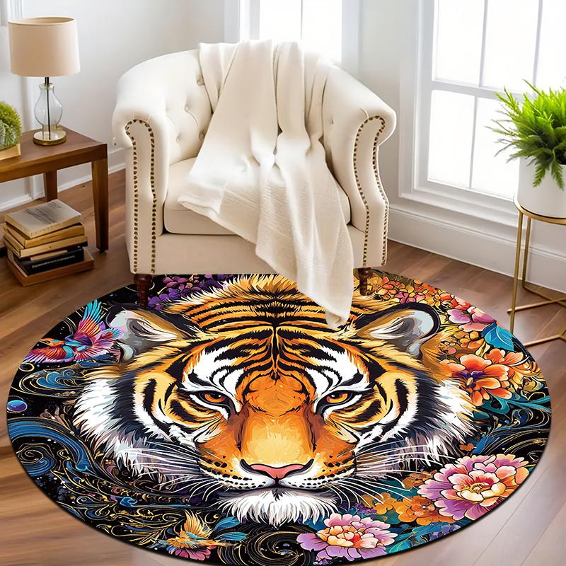 Tiger pattern & colorful flowers Flannel-printed round floor mats are slip-resistant Suitable living room terrace garden carpets