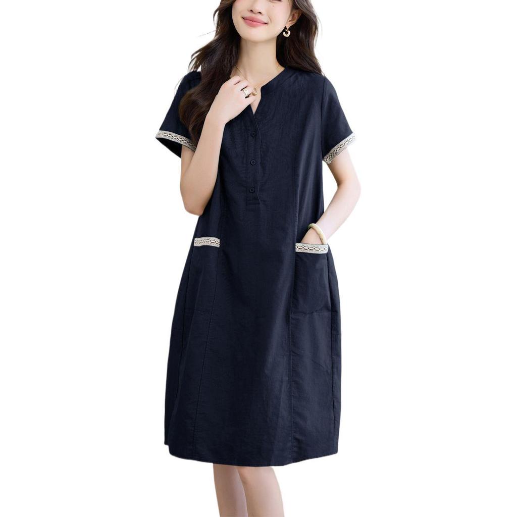 Women's Summer Cotton-Linen Dress: Petite, Slimming, Loose-Fit for Middle-Aged Moms