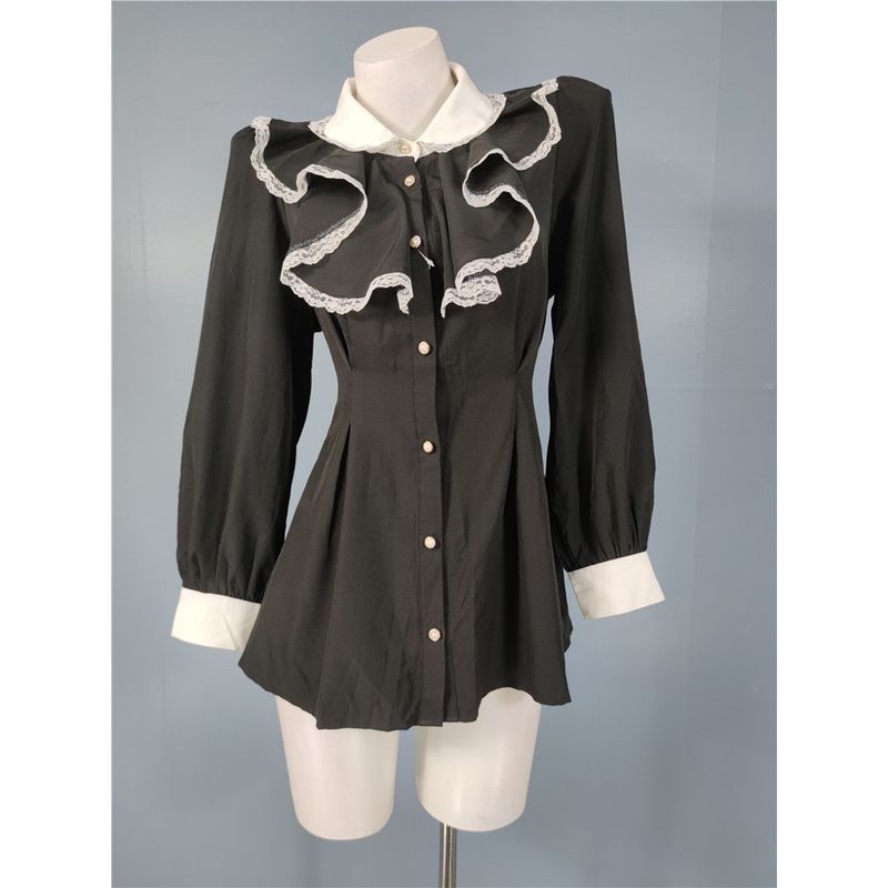 

Foreign Trade Lace Stitching Breasted Long sleeve Small Skirt Frill Slim fit Slimming Lady Waist Hugging Mid-Length Shirts Short dress Black All yards