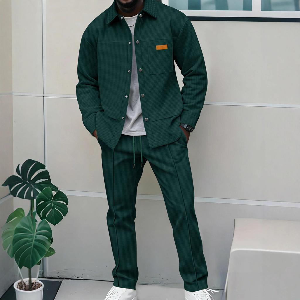 Spring and Autumn Men's High-quality Waffle Pure Color Placket Pocket Jacket Set - A Stylish and Casual Two-piece Outfit