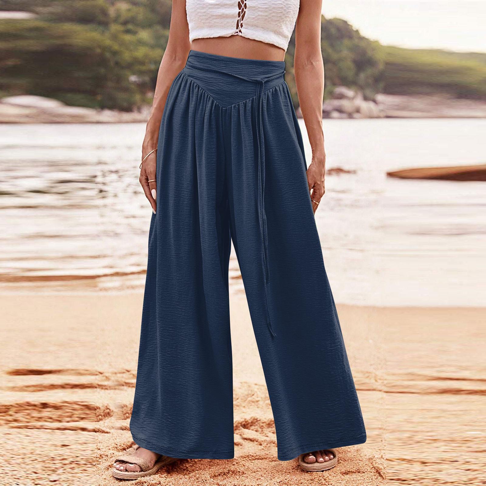 

Женские модные повседневные свободные однотонные брюки с ремешками и карманами M тёмно-синий