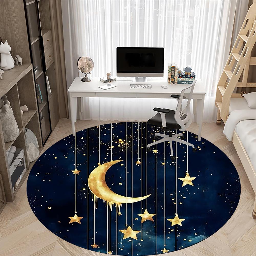 1PC Moon Stars Office Round Area Rug, Mat Suitable For Office, Under Office Chairs Bedroom Living Room Home Decor, Room Deco