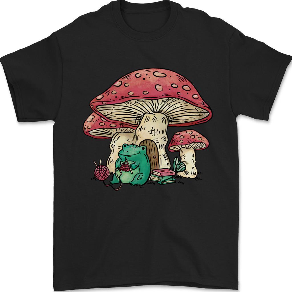 26 Frog Knitting Under a Mushroom Foraging Nature Mens T-Shirt 100% Cotton Unisex T-Shirt