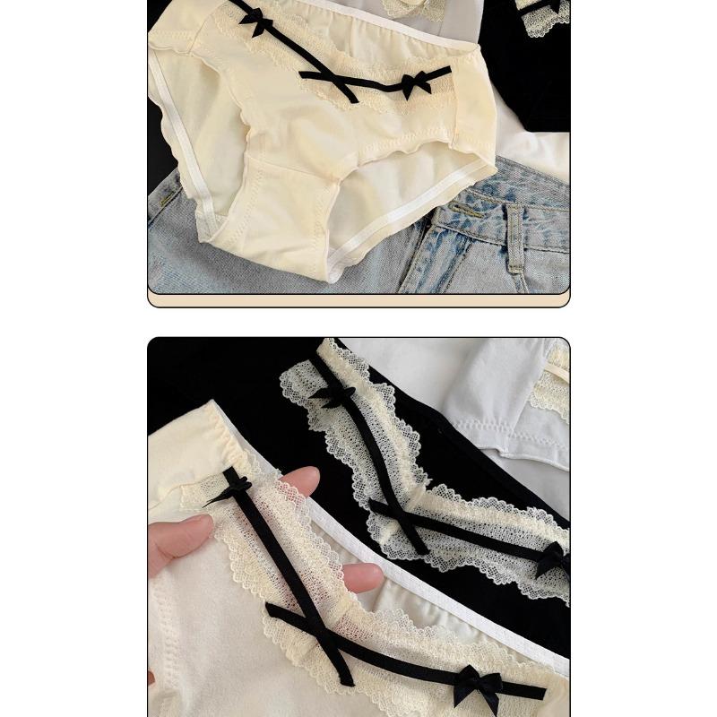 Women Sweet French Style Lace Solid Antibacterial Mid Waist Cotton Panties