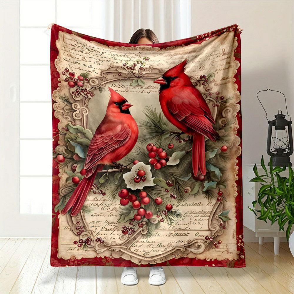 Vintage Christmas Cardinal Bird Print Blanket bedroom Blanket for Livingroom Couch lunch break Soft throw for Friend's festival Gift
