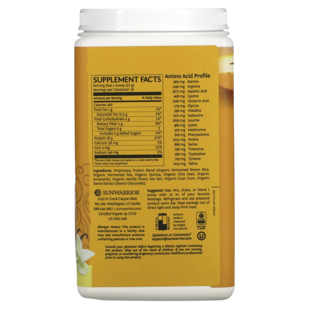 Sunwarrior Classic Plus Protein, Proteína Vegetal Orgânica, Sabor Baunilha, 1,65 lbs (750g)