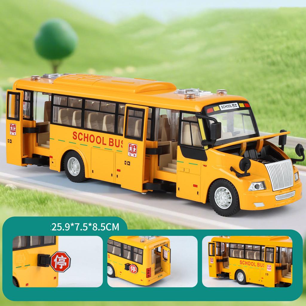 1:24 Alloy School Bus Diecast Model Toys Miniature Car Doors Opened Sound Light Pull Back Vehices Puzzle Early Education Toy Car