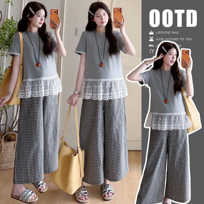 2026 Summer Maternity Casual Two-Piece Set: Korean Patchwork T-shirt + Plaid Wide-Leg Pants