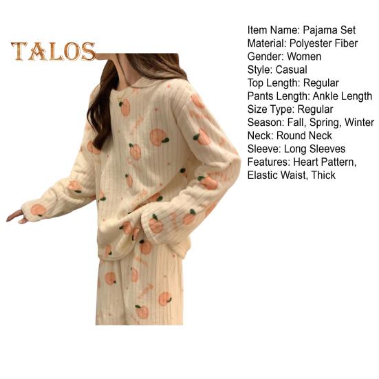 Ensemble de pyjama d'hiver 2 pièces pour femme, col rond, motif ours et pêche, manches longues, polaire corail, vêtements d'intérieur, haut et pantalon, vêtements de détente amples pour femme