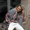 Autumn Fashion Retro Minimalist Loose Polyester Cotton Lapel Plaid Shirt Versatile Russian Long-sleeved Women's Shirt
