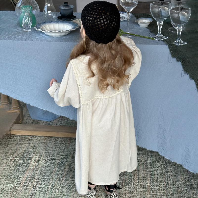 Girls' Spring Retro French Lace Long Sleeve Dress