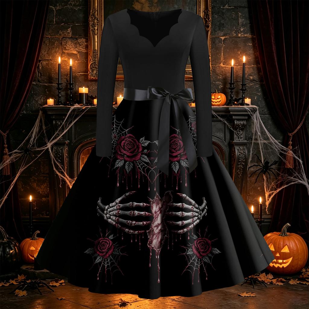 Women's Vintage V-Neck Long Sleeve Swing Dress with Halloween Print for Party Costume