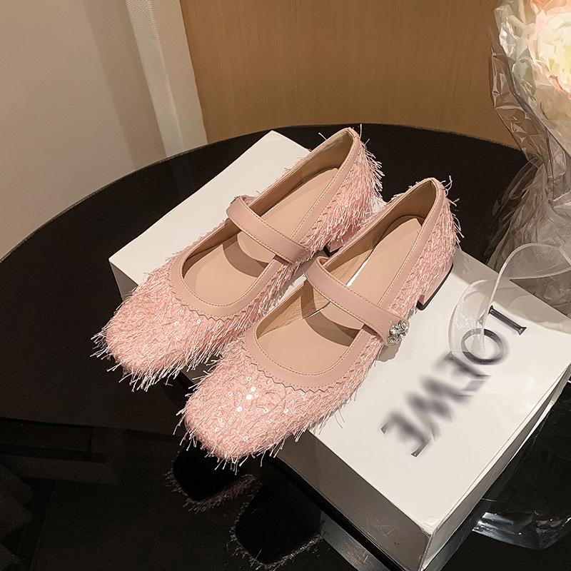 

New French one-word thick-heeled single shoes 2025 square head with skirt fairy evening shoes spring Mary Jane shoes 40 розовый